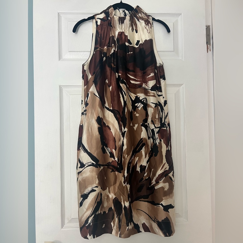 Taylor Sleeveless Midi Dress in Brown, Cream and Black Abstract Print